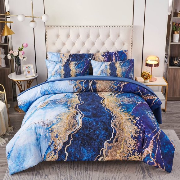 New  6 Pcs Bed-in-A-Bag Blue Watercolor Marble Printed  Comforter Set wi… - Picture 2 of 9